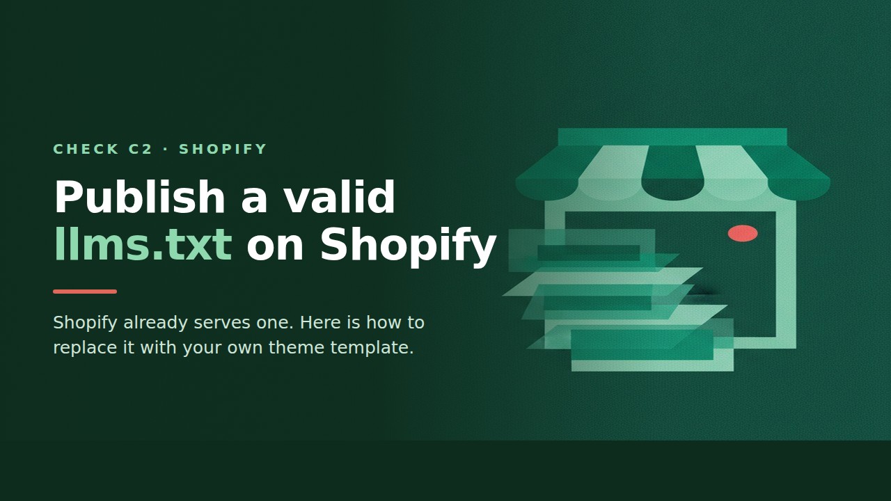 Dark green cover graphic with a stylised storefront awning and layered document sheets, titled Publish a valid llms.txt on Shopify, check C2.