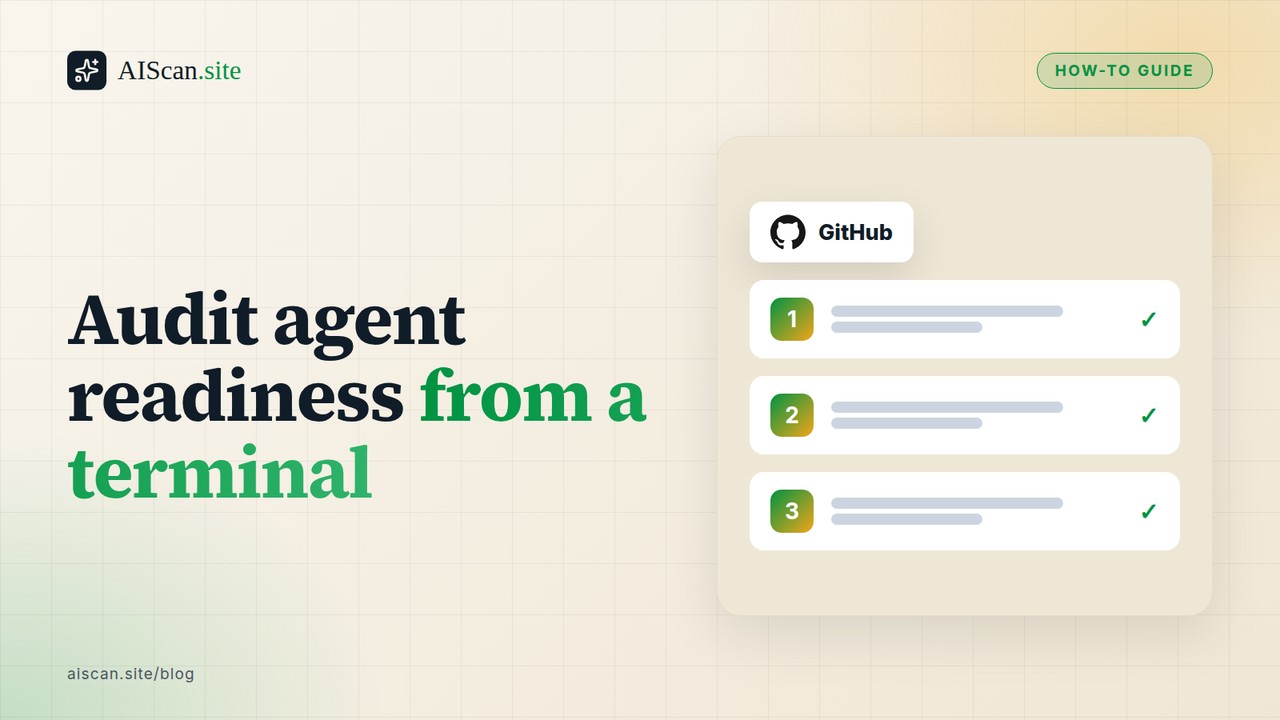 Audit agent readiness from a terminal, with the GitHub logo — AIScan cover