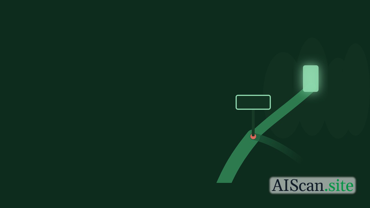 Illustration of a path forking at a blank signpost beside a glowing doorway on dark green, symbolizing a 404 page as a decision point for an AI agent. AIScan.site logo bottom right.