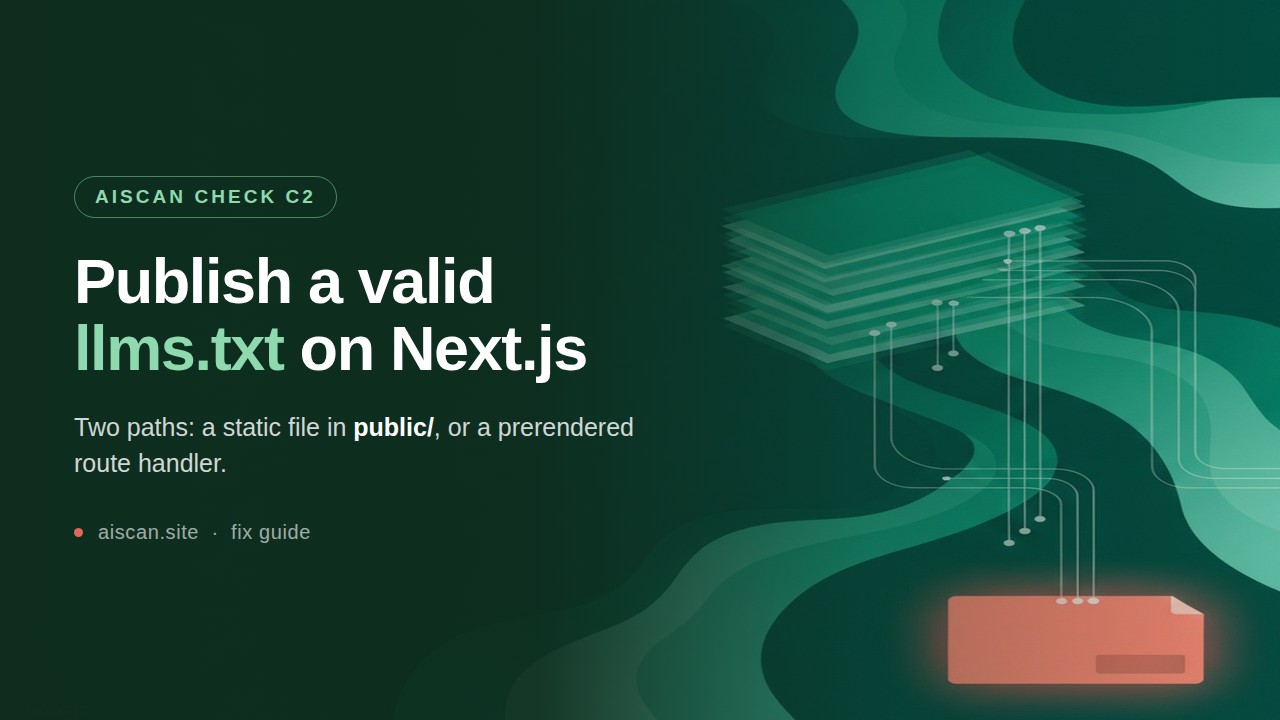 Dark green cover graphic for the AIScan C2 fix guide on publishing a valid llms.txt file on Next.js sites.
