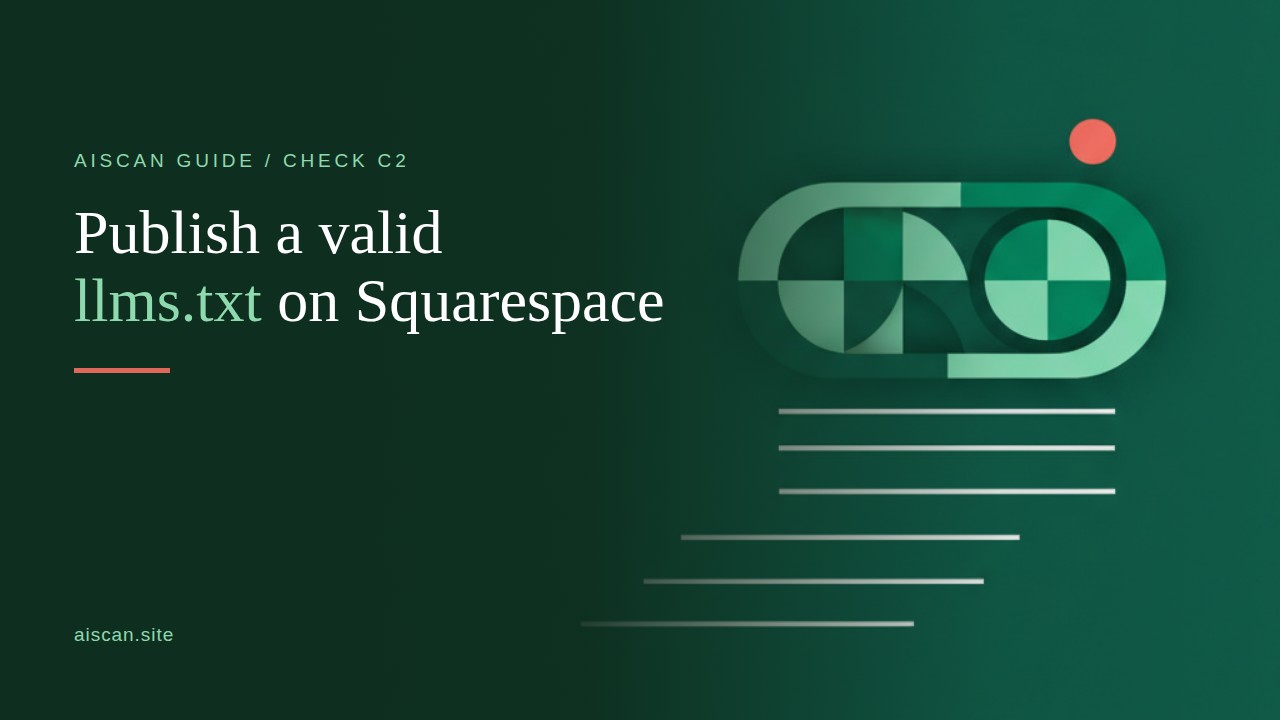 Dark green AIScan cover graphic reading Publish a valid llms.txt on Squarespace, with an abstract settings toggle and flowing plain-text lines.