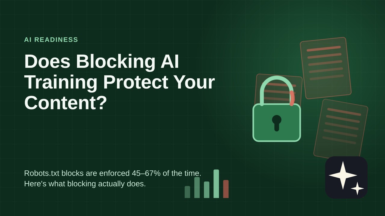 Abstract illustration of a half-open padlock over a grid of document pages in dark green, emerald and mint, symbolizing that blocking AI crawlers is a request, not a lock.