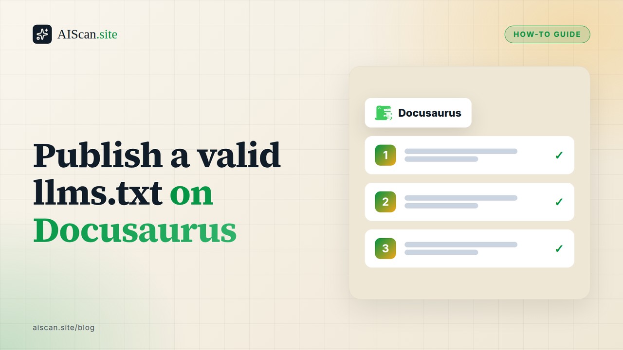 Publish a valid llms.txt on Docusaurus, with the Docusaurus logo — AIScan cover