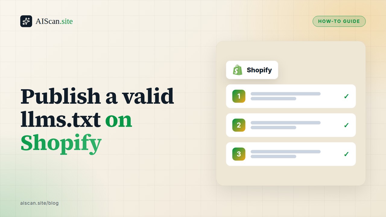 Publish a valid llms.txt on Shopify, with the Shopify logo — AIScan cover