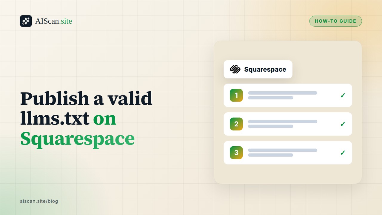 Publish a valid llms.txt on Squarespace, with the Squarespace logo — AIScan cover