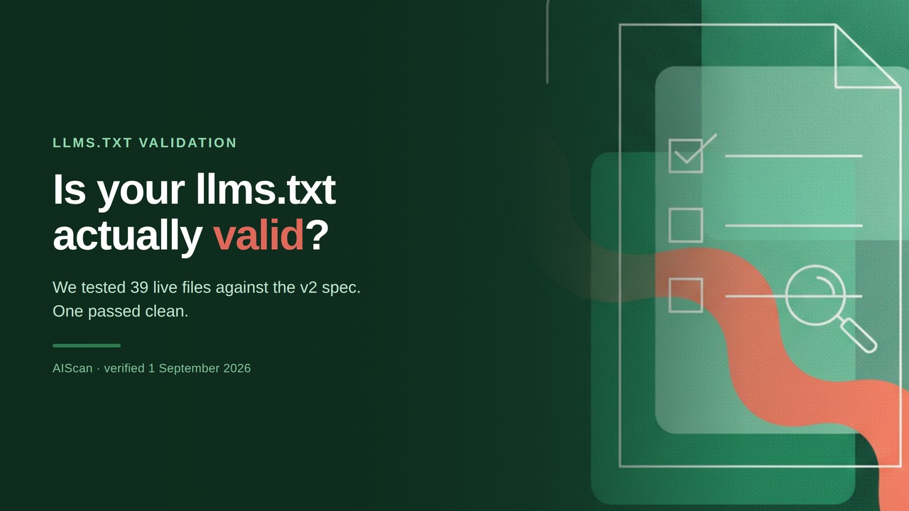 Cover graphic reading Is your llms.txt actually valid, with an abstract checklist and magnifying lens illustration in green and coral.
