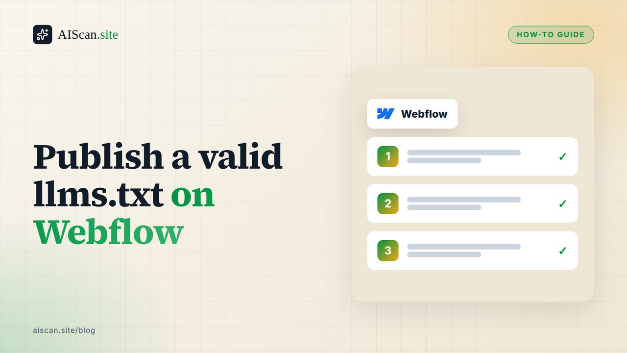 Publish a valid llms.txt on Webflow, with the Webflow logo — AIScan cover