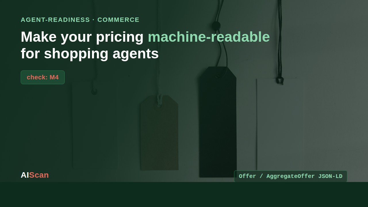 Textless dark green cover with hanging price tags and the headline about making pricing machine-readable for shopping agents, tagged check M4.