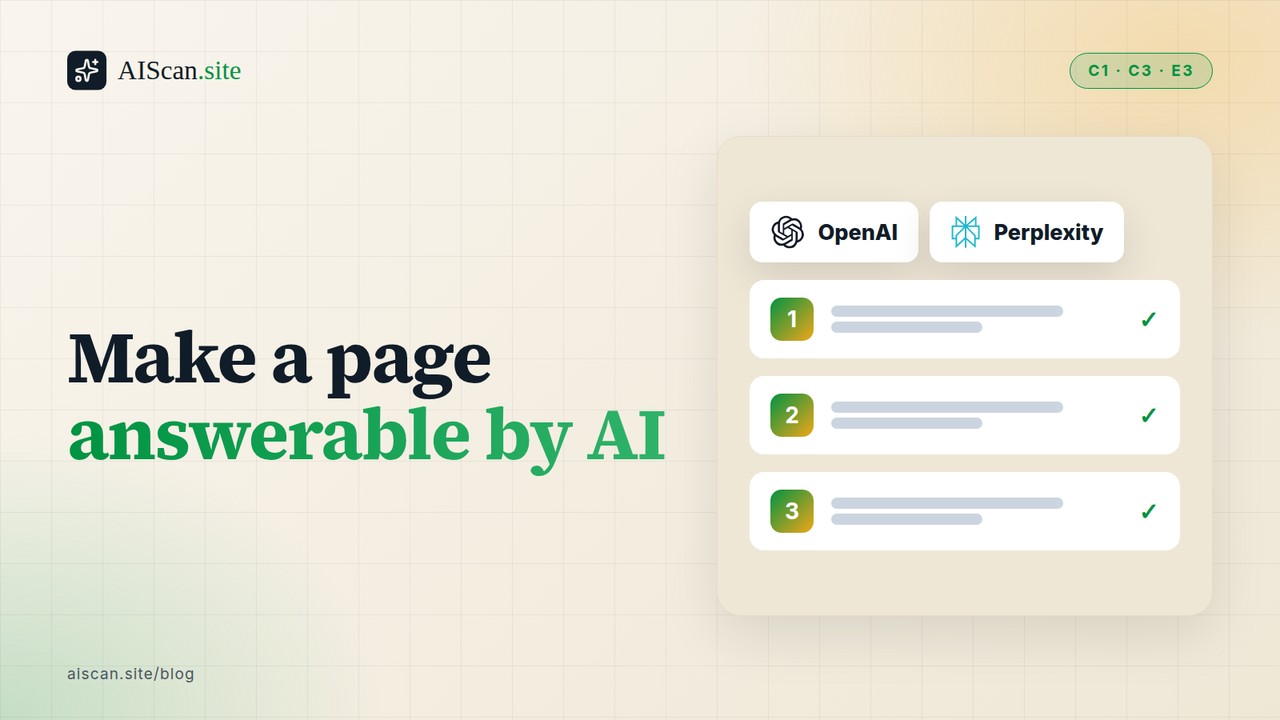 Make a page answerable by AI, with the OpenAI and Perplexity logos, AIScan cover