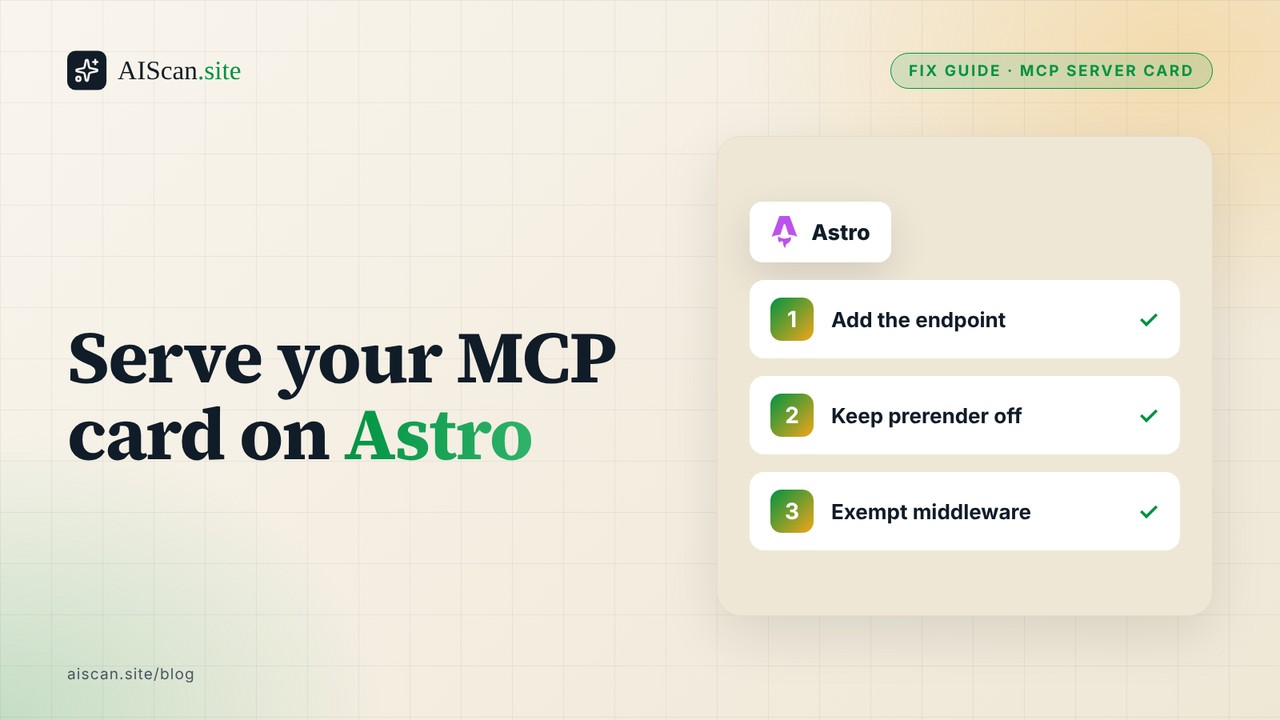 AIScan cover: Serve your MCP card on Astro, with the Astro logo and three steps: add the endpoint, keep prerender off, exempt middleware.
