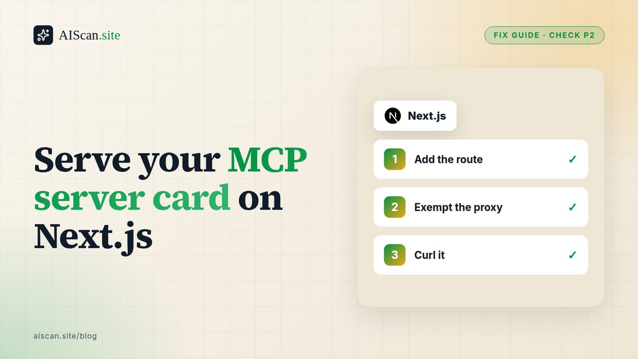 AIScan cover: Serve your MCP server card on Next.js, with the Next.js logo and three steps: add the route, exempt the proxy, curl it.