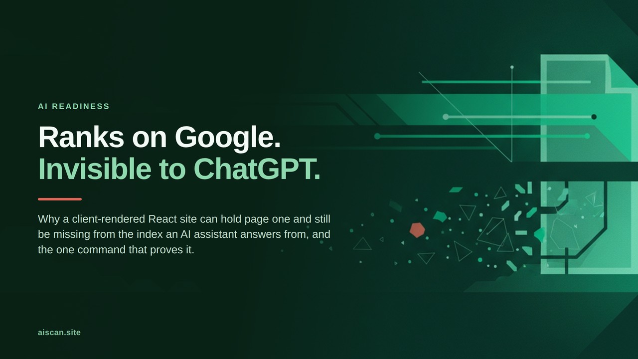 Split diagram: Googlebot fetches, queues and renders a React page with headless Chromium then indexes the DOM, while GPTBot, ClaudeBot and PerplexityBot index the raw response with no render step.