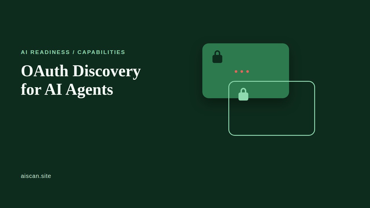 Dark green cover graphic showing two overlapping padlock key cards, one solid emerald and one outlined mint, titled OAuth Discovery for AI Agents.