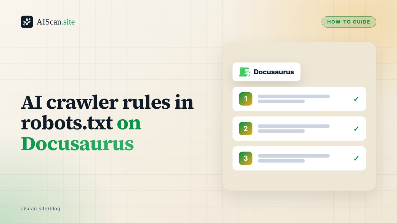 AI crawler rules in robots.txt on Docusaurus, with the Docusaurus logo — AIScan cover