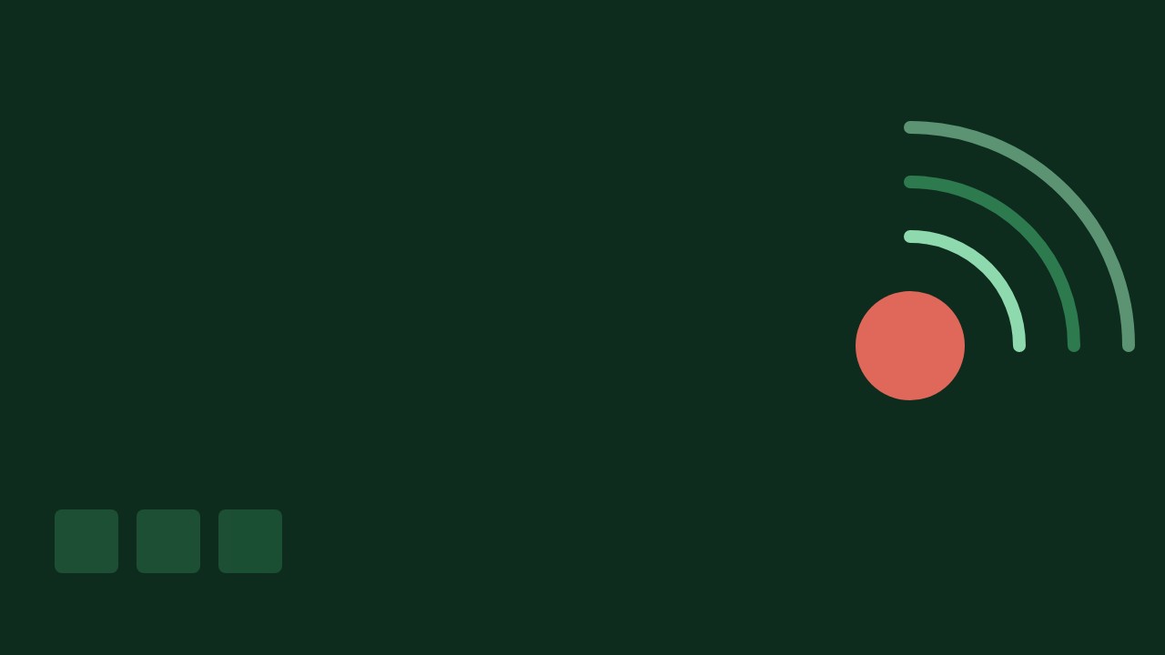 Textless dark-green cover with concentric mint and coral arcs on the right for a live feed and a faint block grid in the corner, with negative space on the left.