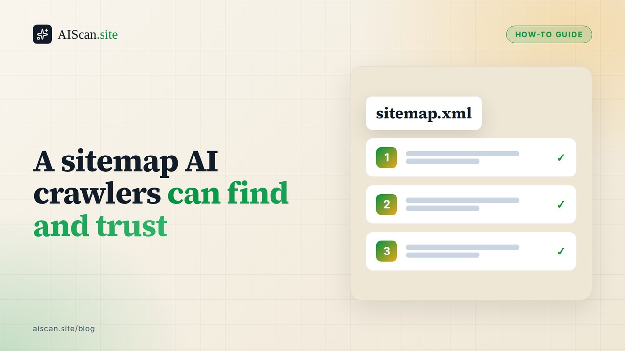 A sitemap AI crawlers can find and trust, with the sitemap.xml logo — AIScan cover