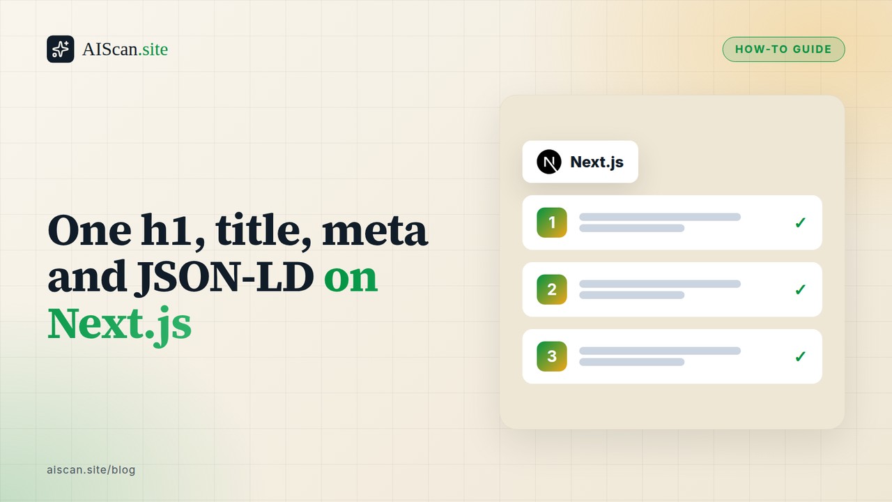 One h1, title, meta and JSON-LD on Next.js, with the Next.js logo — AIScan cover